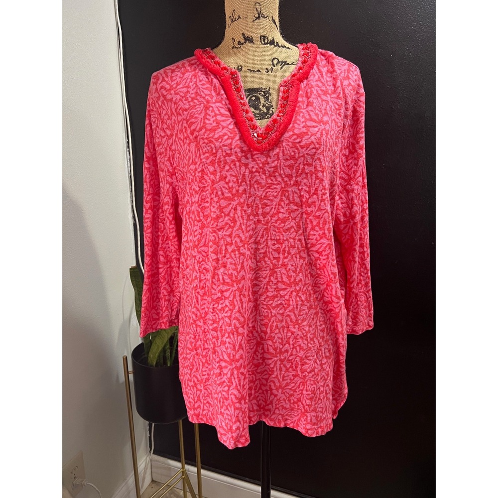 Chico's Linen Embellished Tunic Top‎ Women's 2X Pink Coral V-Neck Casual